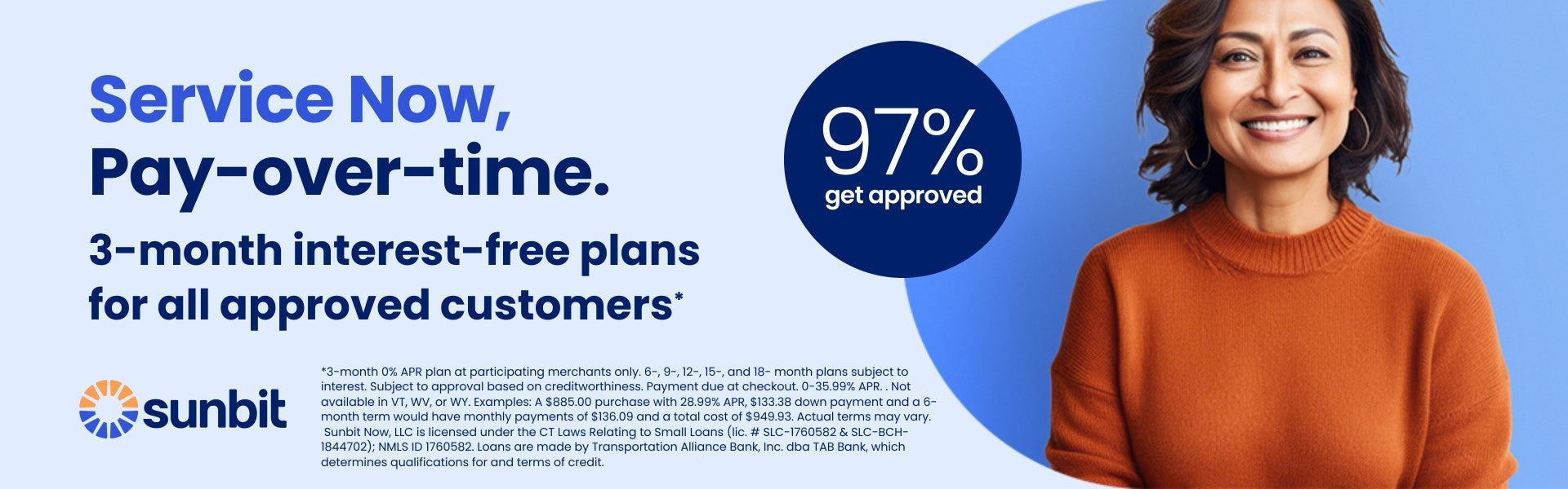 Service Now Pay Over time banner with woman wearing sweater